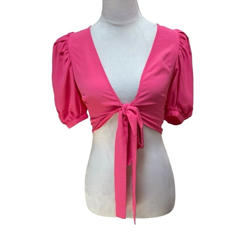NWT HELLO MOLLY Pink Puff Sleeve Tie Front Crop Top‎ XS